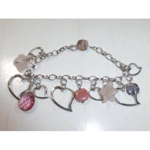 90 - Silver 925 Bracelet with Lovehearts and gem stones in presentation box