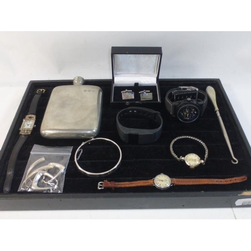 113 - Mixed Tray of Jewellery and Collectibles including Watches, Hip Flask, Silver and More