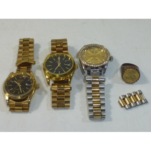 133 - Selection of Three Replica Rolex Watches and Signet Ring with Mount Replica Half Sovereign