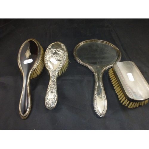 135 - Collection of Hallmarked Birmingham Silver Brushes, One with Tortoise Shell Inlay and Silver Plate M... 