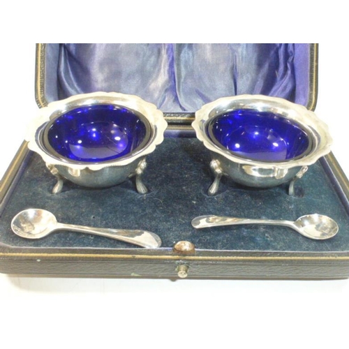 165 - Set of Silver Plated Condiment Pots with Blue Glass Liners and Spoon's in Original Box