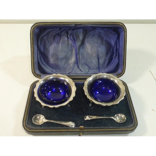 165 - Set of Silver Plated Condiment Pots with Blue Glass Liners and Spoon's in Original Box