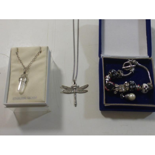 171 - Schmick art bracelet, Pewter Dragon Fly necklace and Silver necklace with Crystal Pendant