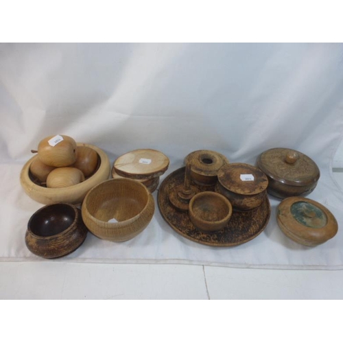 254 - Collection of treen to include Fruit bowl with apples, Bedroom set, coaters and other