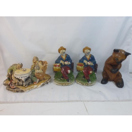 261 - Three Chalkware figures and wooden cat