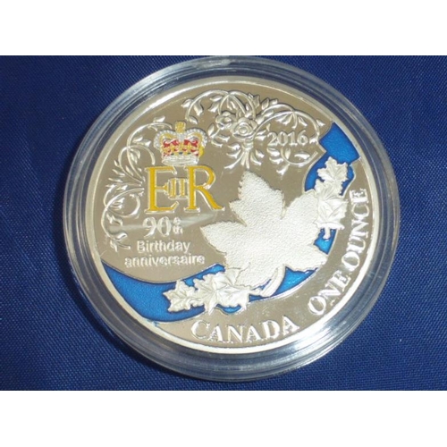 6 - Silver 999 QEII 90th Birthday Maple Leaf Coin complete with Certificate