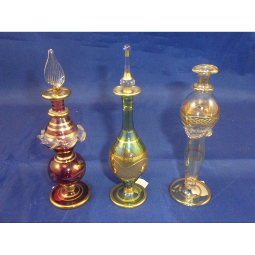 9 - Three decorative glass perfume bottles- two complete with stoppers