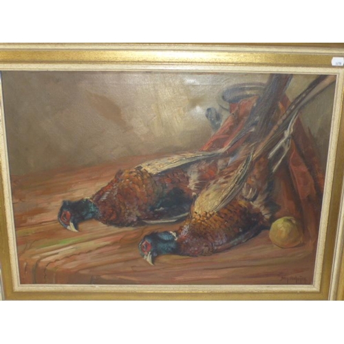 15 - BERN VERHEYAN (20TH CENTURY) Brace of cock pheasants on a table with an apple, oil on canvas, signed... 