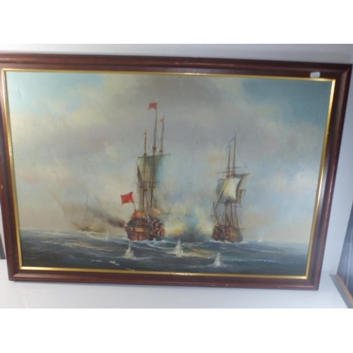 21 - J Harvey Framed Oil on Canvass depicting 18th Century Sea Battle