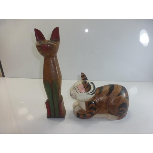 22 - Two Wooden Hand Carved Cat Figures (Tallest 36cm)