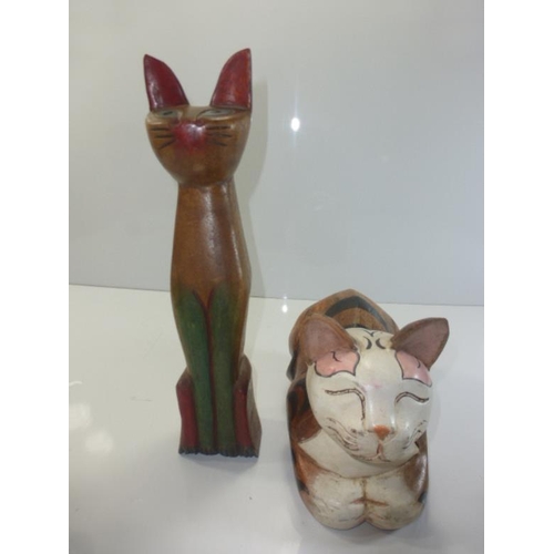 22 - Two Wooden Hand Carved Cat Figures (Tallest 36cm)