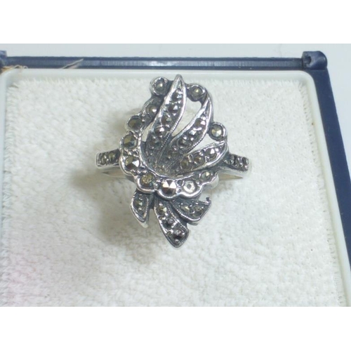 38 - Vintage Silver Marcasite Ring in Presentation Box