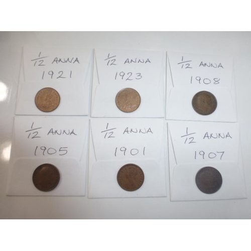 89 - Six Anna India British Empire Coins (Various Dates)