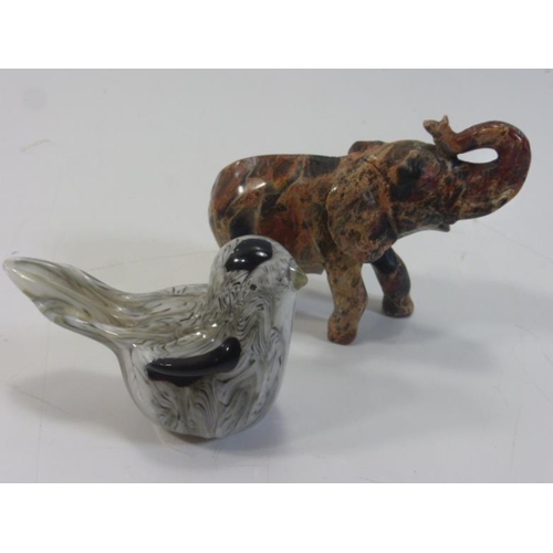 141 - Marble Elephant and Art Glass Bird