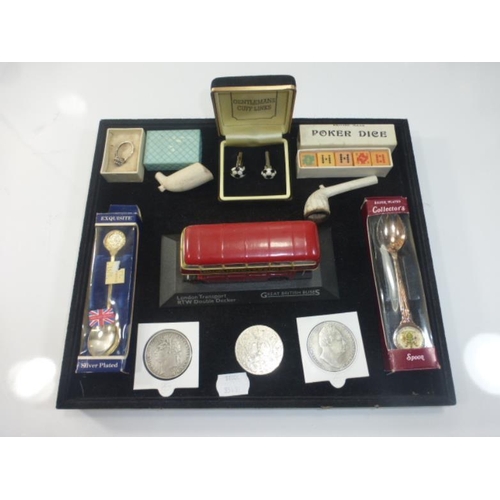 163 - Collectors Tray Including Coinage, Spoon's, Silver Ring and More