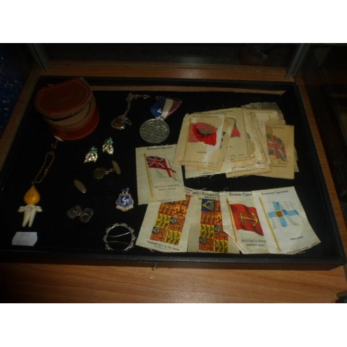 167 - Mixed collection of items to include Kensitas Cigarette silks, Stud box, Earrings and More