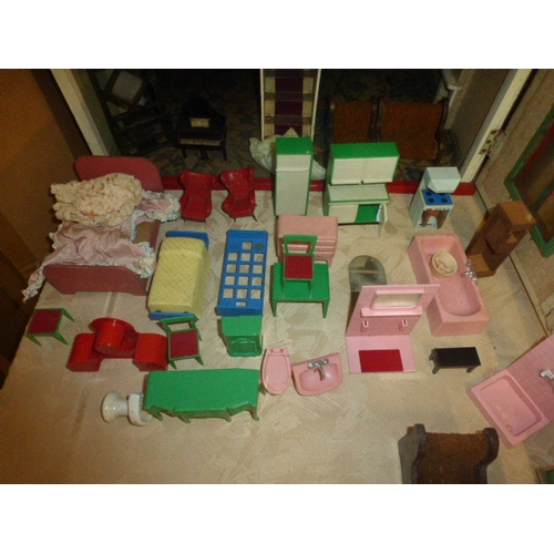 255 - Vintage Wooden Dolls House with a Selection of Dolls Furniture Wired for Electric circa 1930