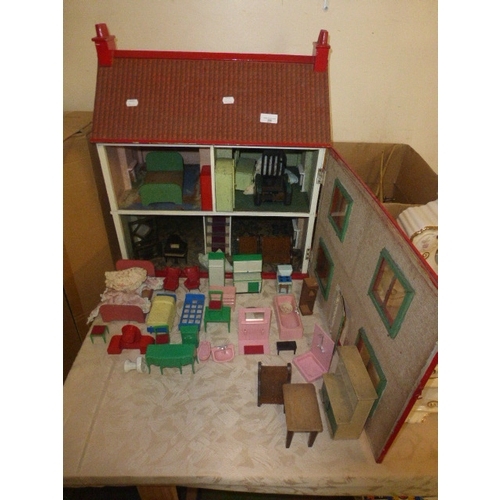 255 - Vintage Wooden Dolls House with a Selection of Dolls Furniture Wired for Electric circa 1930