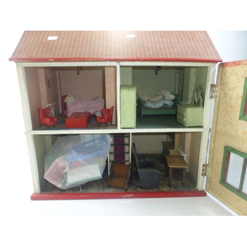 255 - Vintage Wooden Dolls House with a Selection of Dolls Furniture Wired for Electric circa 1930