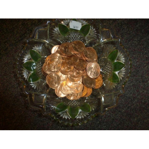 110 - A Vintage Pressed Glass Bowl full of 1967 Pennies