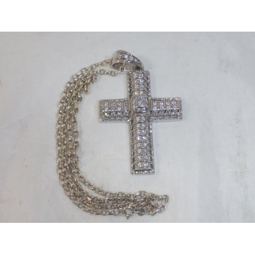 189a - Large Diamante Silver Hallmarked Cross with Chain-Cross Approx. 2.5