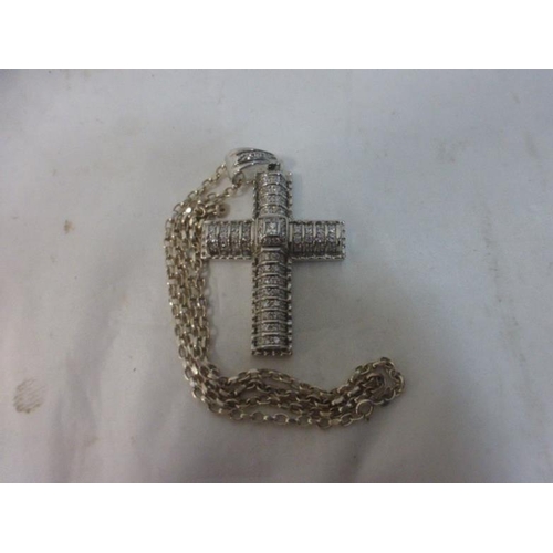 189a - Large Diamante Silver Hallmarked Cross with Chain-Cross Approx. 2.5