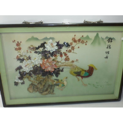 7 - Large Oriental Shell art picture of Birds and flowers encased in Glass fronted display case Approx. ... 