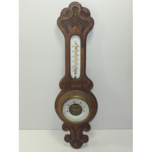 14 - Vintage Oak Cased Barometer and Thermometer (22