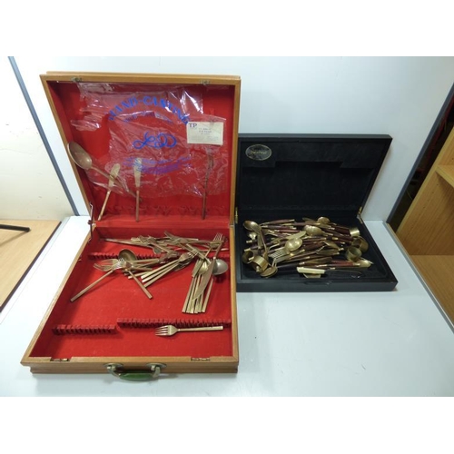 79 - Two large wooden cutlery boxes to include gold coloured Viners cutlery