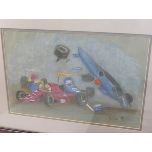 82 - Selection of Framed and Glazed Motor Racing Pictures including 2 Photographs and 1 Original Pastel