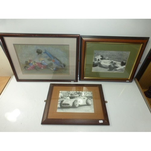 82 - Selection of Framed and Glazed Motor Racing Pictures including 2 Photographs and 1 Original Pastel