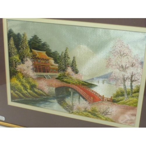 88 - Two Japanese Silk Embroidery Picture Depicting Mount Fuji in Matching Frames with Glazed Finish (2ft... 