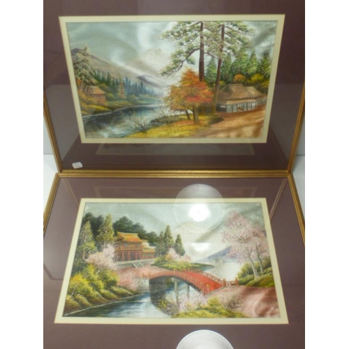 88 - Two Japanese Silk Embroidery Picture Depicting Mount Fuji in Matching Frames with Glazed Finish (2ft... 