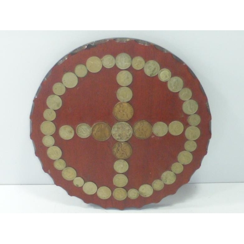 128 - Selection of Various British Coinage Mounted on Circular Wooden Board