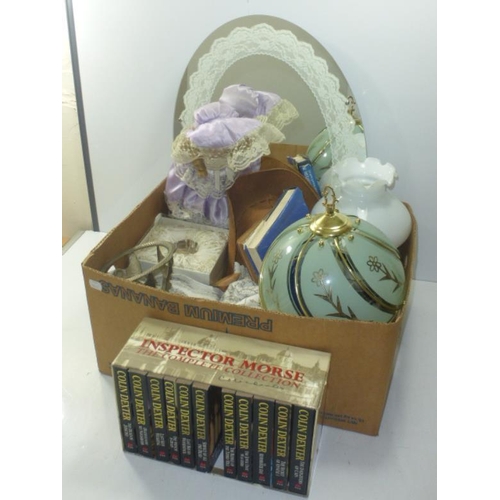 142 - Mixed lot Including Inspector Morse Book Collection, Touch Lamp. Doll, Mirror, and more