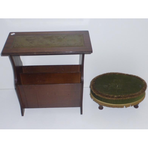 517 - Leather Inlaid Mahogany Magazine Rack and Vintage Footstool