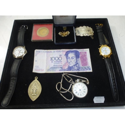 348 - Collectors Tray Including 2 Watches, Silver Filigree Brooch, Coin and More