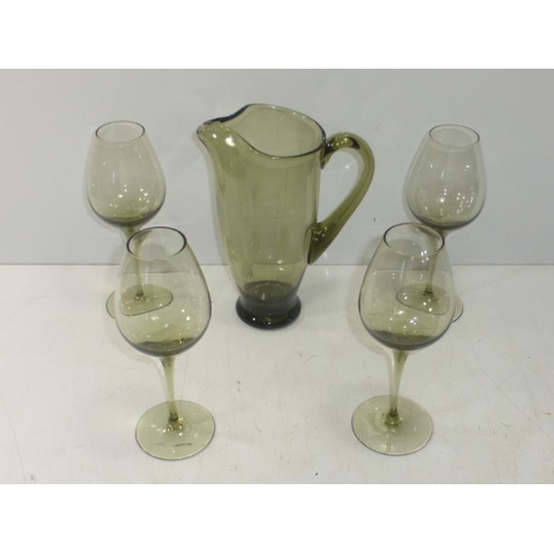 47 - Smoked Glass Pitcher and 4 Glasses