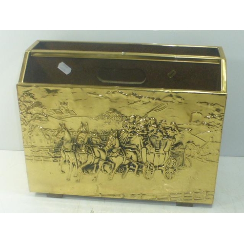 163 - Brass Covered Magazine Rack depicting Coaching Scene