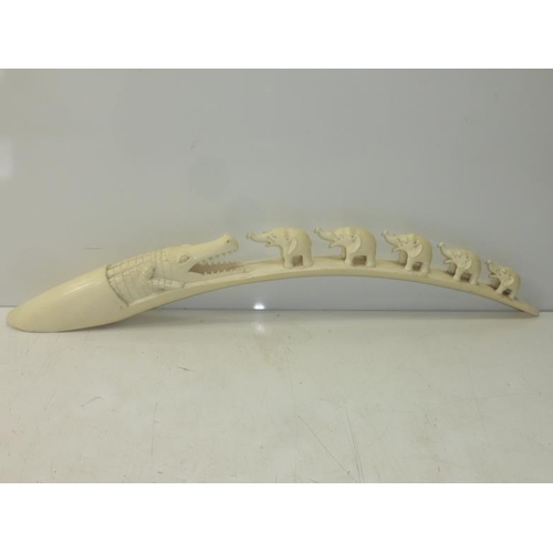 230 - Antique Pre 1947 Carved Ivory Tusk depicting Elephants on Bridge being Consumed by Crocodile (20