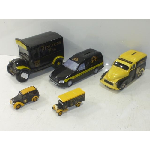 263 - Three Ringtons Money Boxes- Complete with Stoppers and Two Ringtons Lledo Model Vehicles