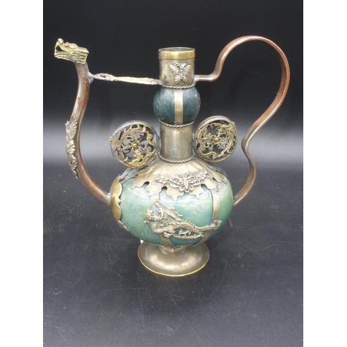 273 - Antique Chinese Brass and Jade Oil Lamp (Marks to Base)