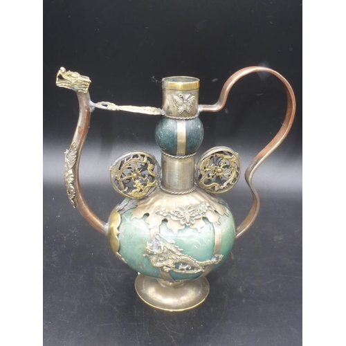 273 - Antique Chinese Brass and Jade Oil Lamp (Marks to Base)