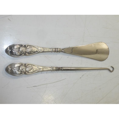 353a - Hallmarked Birmingham Matching Cherub Themed Silver Shoe Horn and Button/Lace Hook