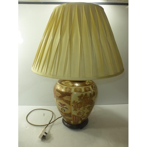 22 - Vintage Ceramic Hand Painted Oriental Lamp with Wooden Base and Shade