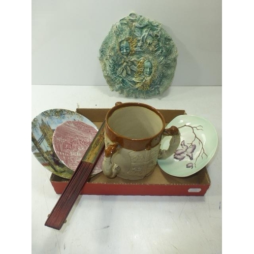 33 - Mixed Selection Including Collectors Plates, Heraldic 3 Handled Mug, Fan and More