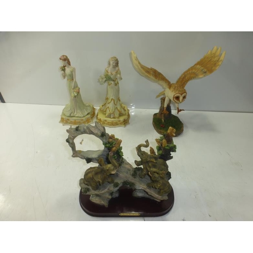 66 - Four Ornamental pieces to include Monti Carlo Elephants, Barn Owl & Two Beauty in Bisque Figures