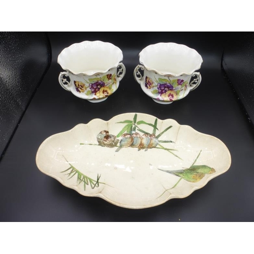 138 - Pair Porringer Bowl's and Hand Painted Budgie / Sparrow Tray