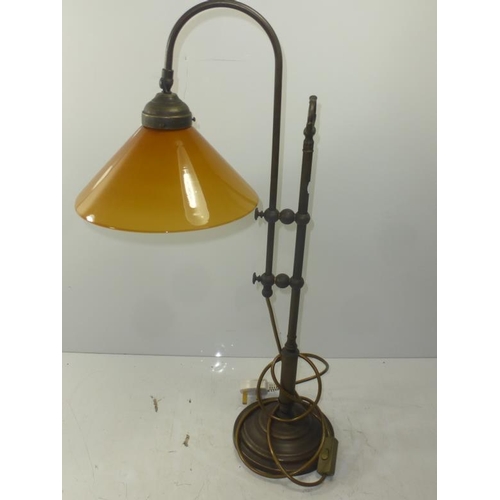 145 - Adams Style Brass students lamp with Amber glass shade