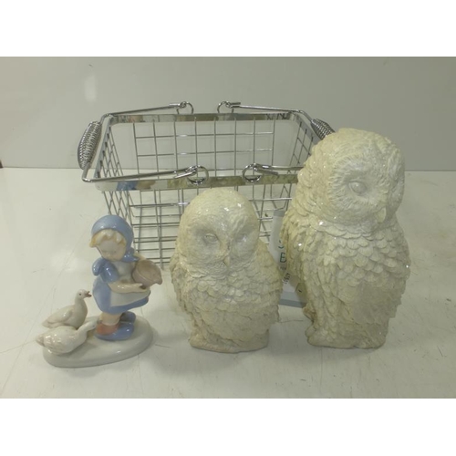 173 - Storage Basket with Owl's and Porcelain Figurine